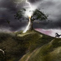 Martin Luther und ein Baum in dem ein Blitz einschlägt