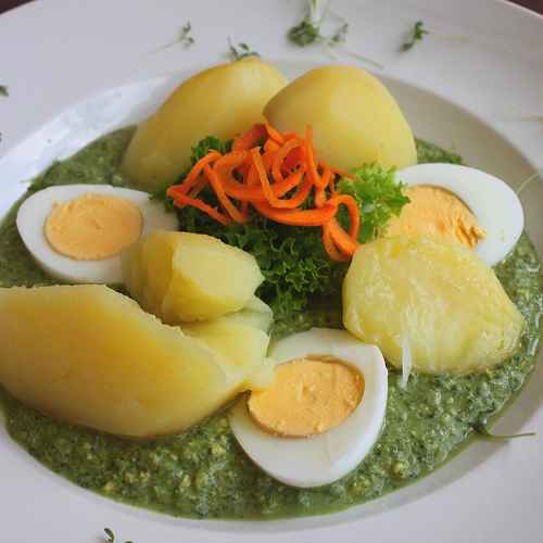 Ein Teller mit Frankfurter Grüner Soße und Kartoffeln