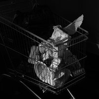 Schwarzweiß Bild eines Einkaufswagens mit Müll